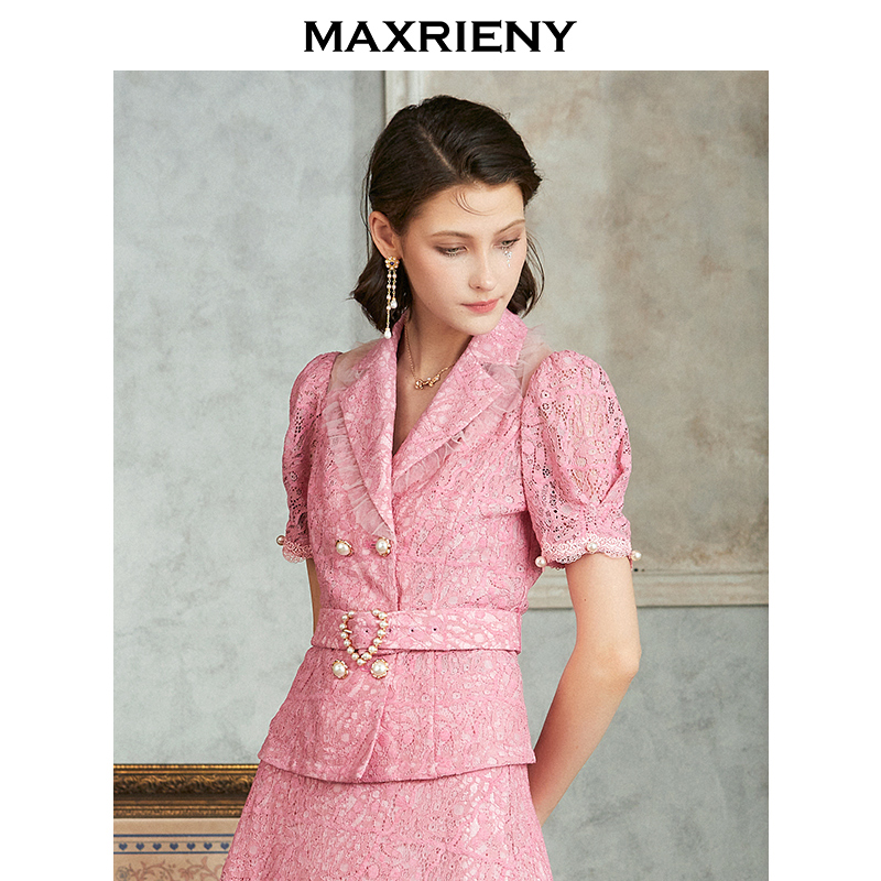MAXRIENY2020 summer new temperament lace top short-sleeved waist western style shirt retro top female