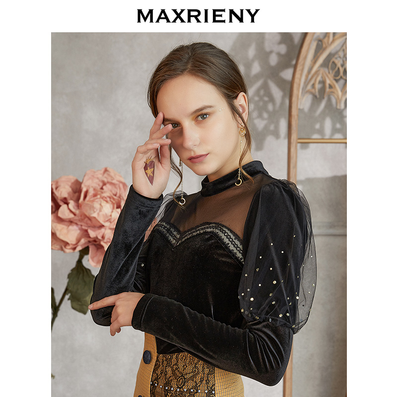 MAXRIENY2020 fall new black blazing long sleeve blouse retro temperament to be slim and slim fit
