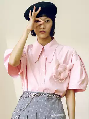 RIENYRE autumn 2021 new short-sleeved shirt bubble pocket bead cat top female design niche