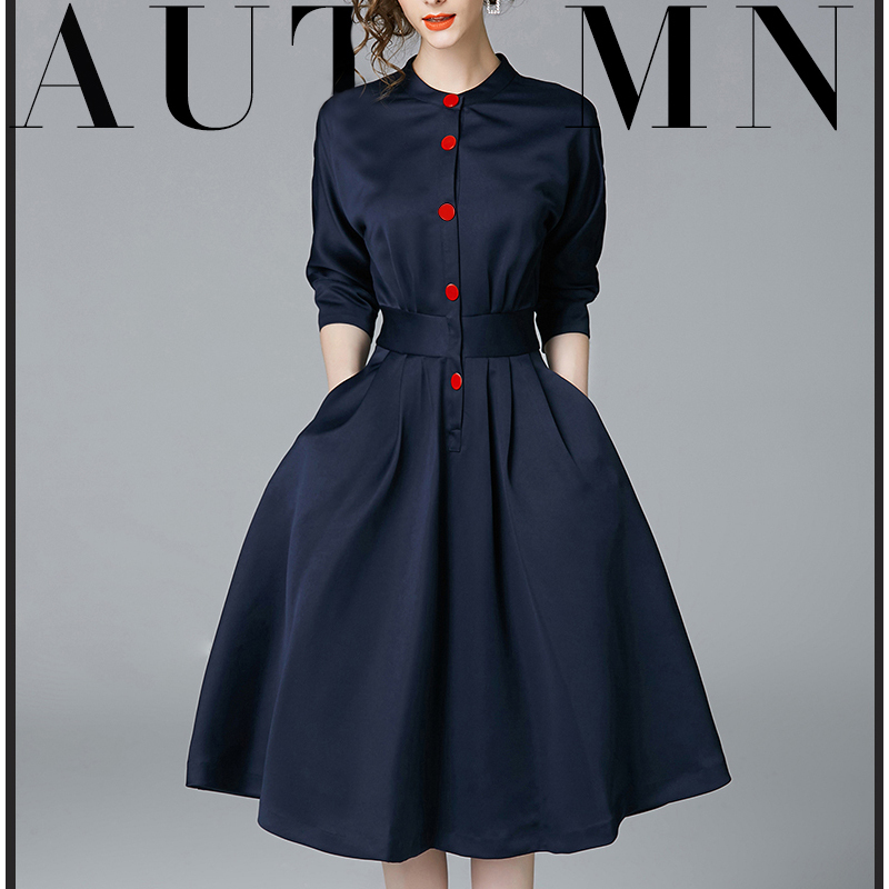 2026 Spring and Autumn New Style Three-Quarter Sleeve Fashion Slim Dress Slim-Fitting Waist-Cinching Flared Shirt Dress for Women Mid-Length