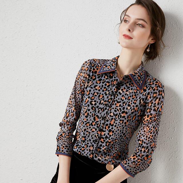 2023 spring and autumn new women's clothing leopard print light mature temperament shirt self-cultivation slim fashion professional chiffon flower shirt female