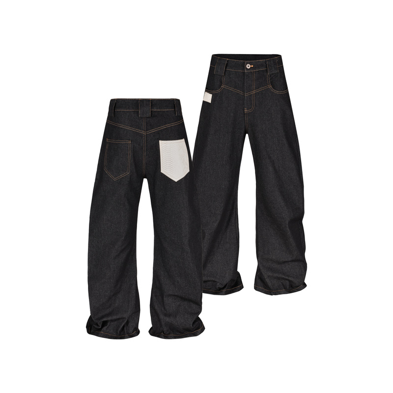 Urinie19 Snake Print Scimitar Raw Denim 13oz Wide Leg Straight A-Line Washed Baggy Loose Denim Pants