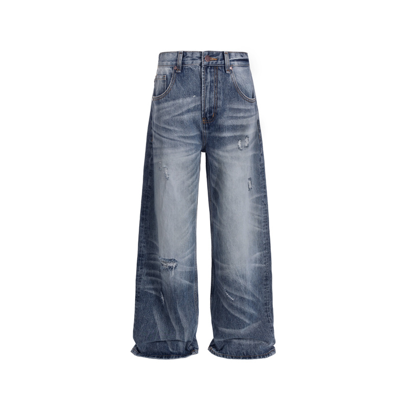 Urinie19 Night Blue Whiskered Denim King Washed Wide-Leg Baggy Blue Denim Vintage Distressed Loose Straight-Leg Jeans Urinie19 Night Blue Whiskered Denim King Washed Wide-Leg Baggy Blue Denim Vintage Distressed Loose Straight-Leg Jeans