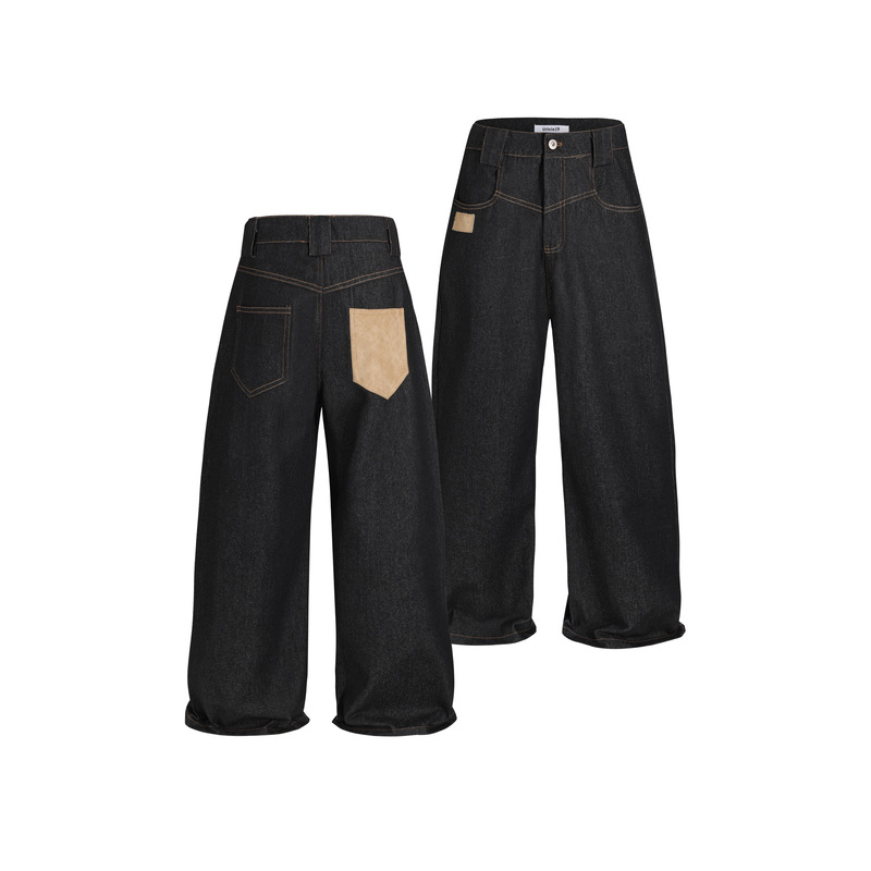 Urinie19 Dragon Scale Straight Leg Raw Denim 13oz Wide Leg Loose Washed A-Line Baggy Black Denim Pants