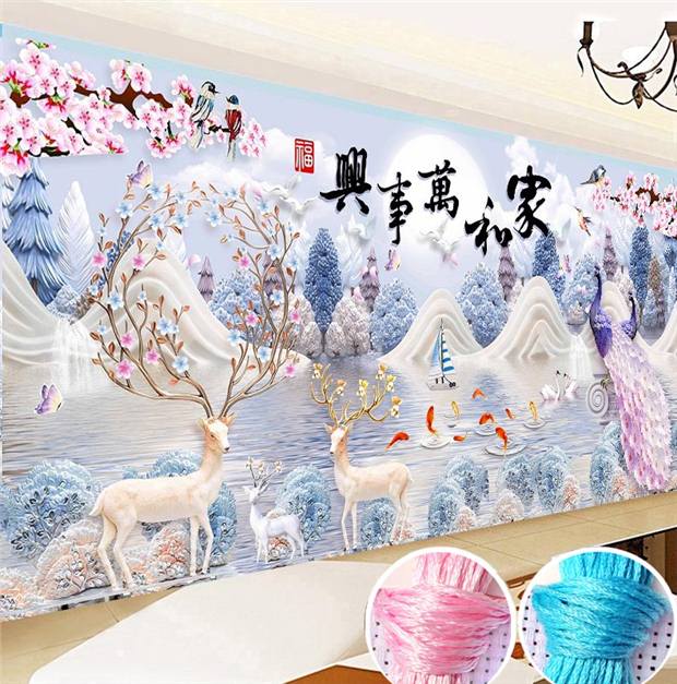 2022 cross-stitch new living room home and everything Xing peacock fortune elk printing thread embroidery full embroidery landscape
