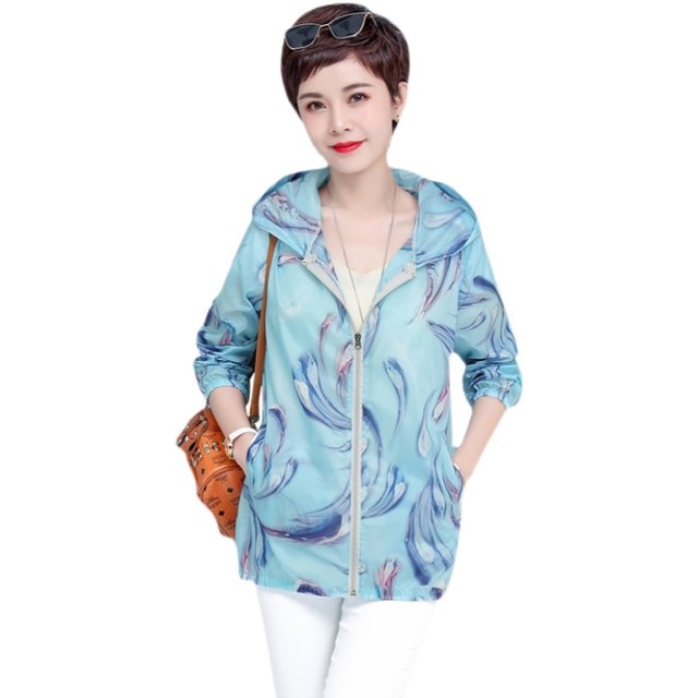 2021 Mom Summer Clothing Long Sleeve Fashionable Breathable Sun Protection Clothes Thin Jacket Women's Middle-aged Women's Hooded Sun Protection Clothing 4050 ປີອາຍຸ