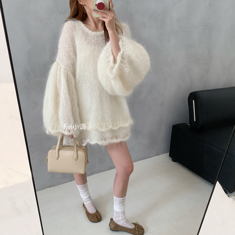 Fei Xiaodiao [Hand-Knitted] Gentle and Lazy Mohair Round-Neck Loose Lantern Sleeve Pullover Sweater
