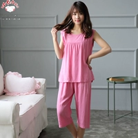 Mùa hè cotton lụa đồ ngủ phụ nữ cotton lụa cổ tròn không tay vest bảy điểm quần mỏng phần lỏng lẻo phù hợp với dịch vụ nhà bông nhân tạo - Bộ Pajama đồ bộ dài tay mặc nhà