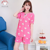 Mùa hè 2019 của phụ nữ cotton lụa tròn cổ mỏng đồ ngủ ngắn tay ngắn hai mảnh nơ lụa cotton nhà phù hợp với dịch vụ - Giống cái pijama đôi