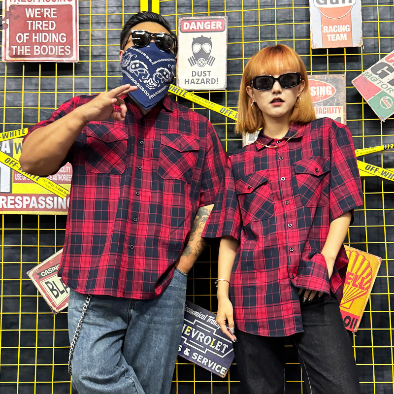 Nuclear Explosion Truck Driver American Country Style Pure Cotton Loose Short-Sleeved Shirt Classic Versatile Red and Black Plaid Shirt for Men