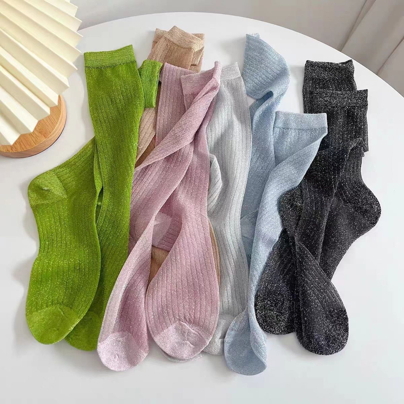 Summer Fashion Show New Gray Silver Thread Mid-Calf Socks for Women, Shiny Silver Fashionable Socks, Spring and Summer Thin Slouch Socks