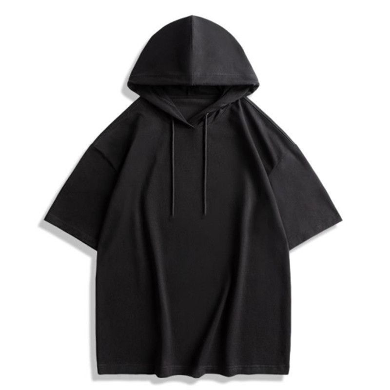 Short-Sleeved Men's Hooded Sweatshirt for Students, 2025 Summer, All Black, Thin, Black Hooded Sports Loose T-Shirt