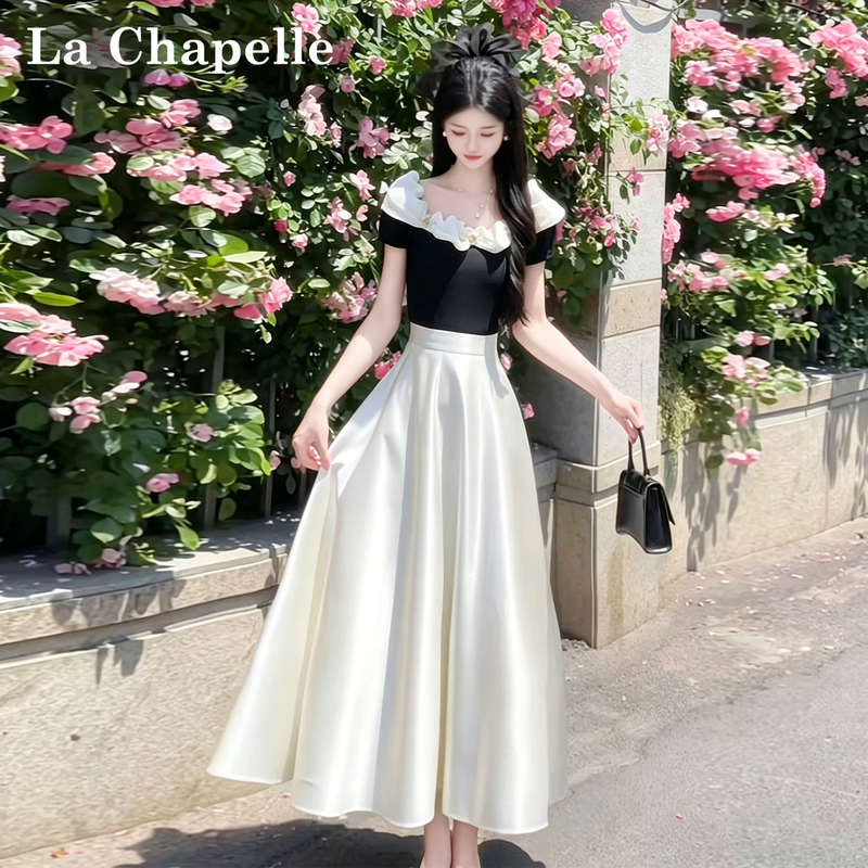 La Chapelle's Summer Super-Popular Outfit Set for Women, Featuring a Satin Suit Dress with a One-Shoulder French-Style Dress
