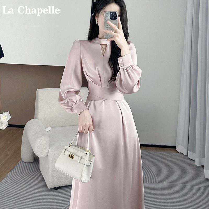 La Chapelle Black Long-Sleeved Dress for Women, Early Spring, Waist-Cinching, Elegant, High-End, Exquisite Acetate Satin Pink Long Dress
