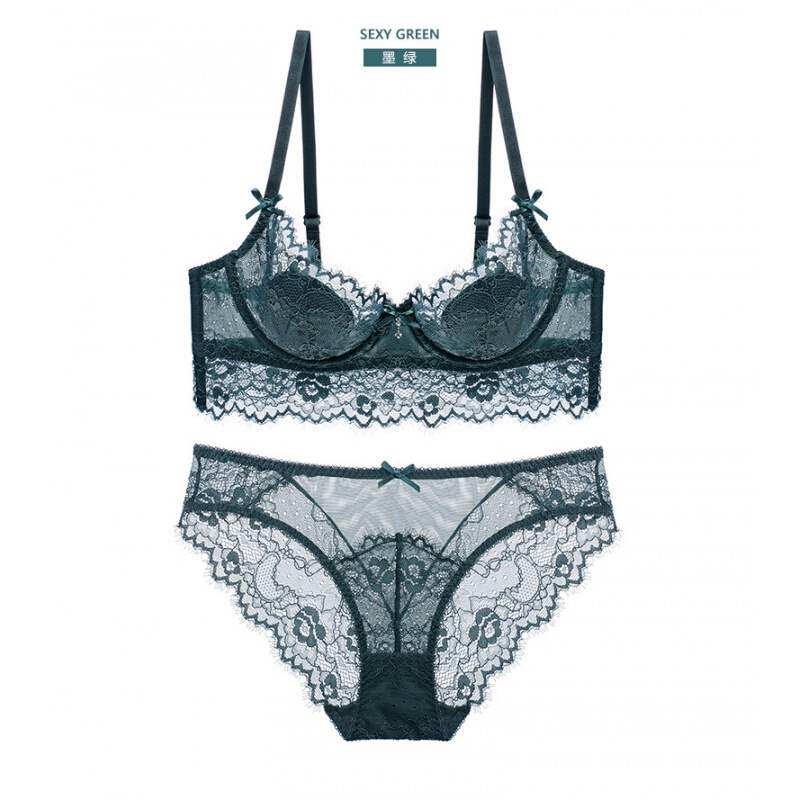 Eyelash lace thin cotton cup breathable with steel ring lingerie lingerie suit ink green 70A