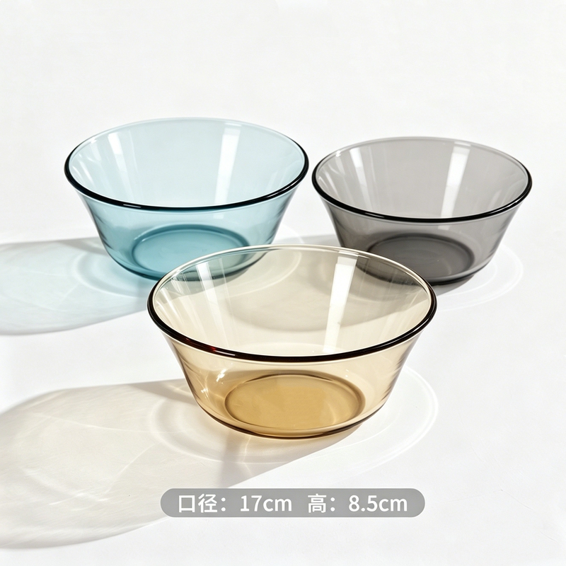 Solid Color Glass Bowl 17cm Household Soup Bowl Fruit Bowl Heat-Resistant Glass Noodle Bowl Dishware