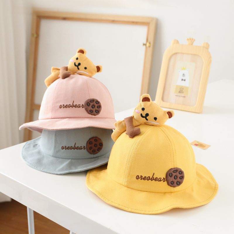Baby fisherman hat baby spring and summer thin section cute bear sun hat children embroidery cartoon pot hat spring wide brim