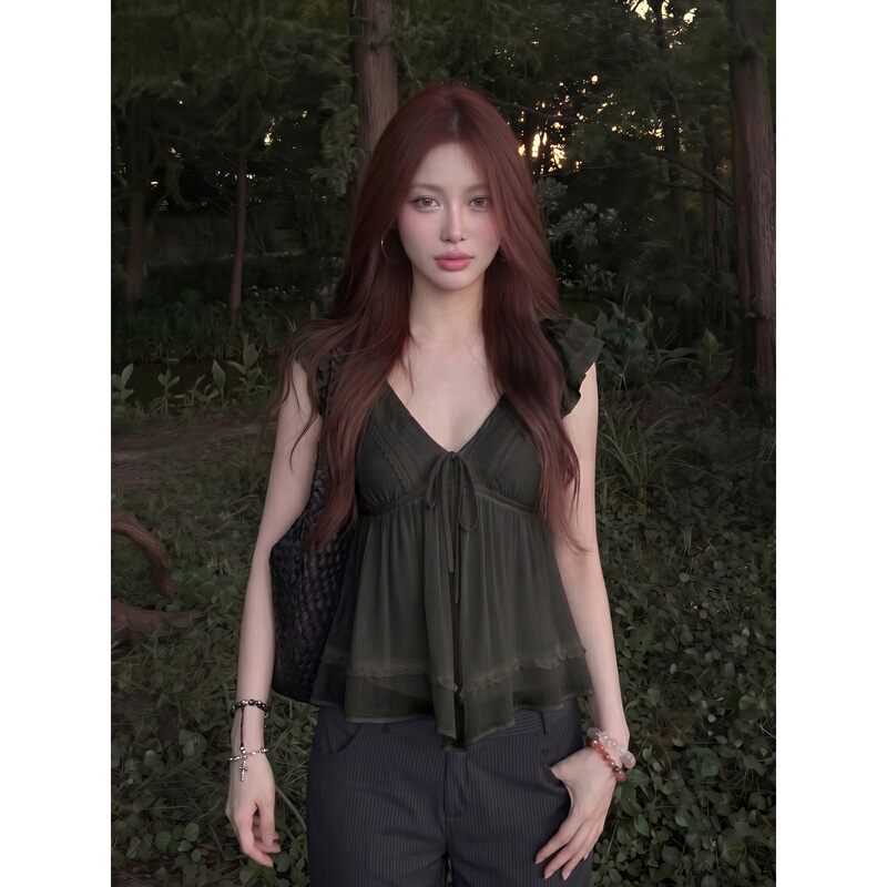 Pure Desire Style V-Neck Flutter Sleeve Chiffon Top for Women, New Summer Style, Waist-Cinching, Slimming, Tie-Up, Hot Girl Babydoll Shirt Pure Desire Style V-Neck Flutter Sleeve Chiffon Top for Women, New Summer Style, Waist-Cinching, Slimming, Tie-Up, Hot Girl Babydoll Shirt