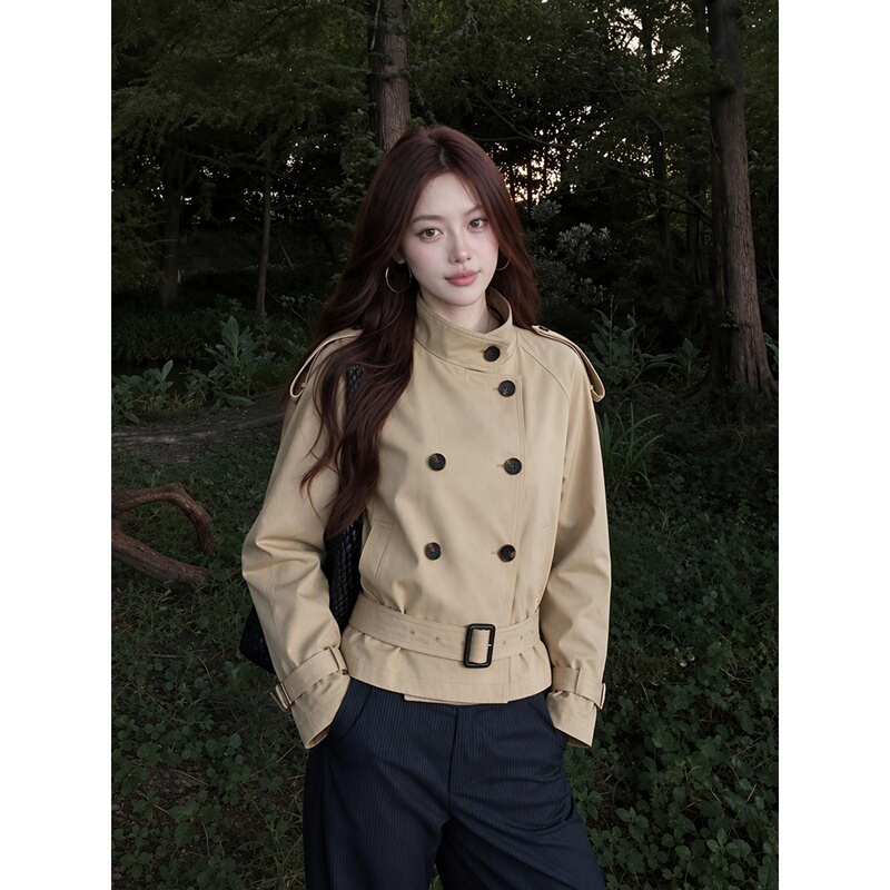 Short Trench Coat for Women, Autumn Stand-Up Collar, Double-Breasted, Epaulette Design, Vintage Style, Commuter Jacket Top Short Trench Coat for Women, Autumn Stand-Up Collar, Double-Breasted, Epaulette Design, Vintage Style, Commuter Jacket Top