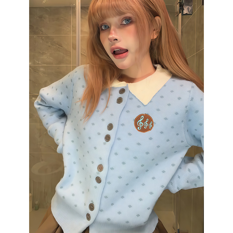 Korean-Style Polka-Dot Badge Embroidered Lapel Cardigan Sweater for Women, Elegant, Gentle, Stylish, Versatile, Short Knitwear