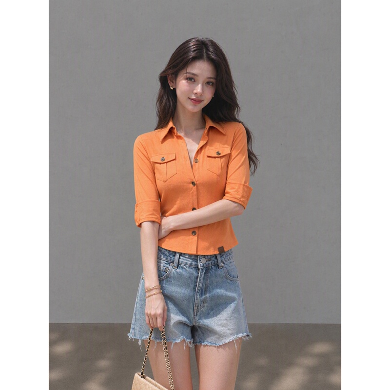 American Retro Design Orange Suede Half-Sleeve Shirt for Women, Spring Waist-Cinching Slimming Hot Girl Shoulder Pad Work Shirt American Retro Design Orange Suede Half-Sleeve Shirt for Women, Spring Waist-Cinching Slimming Hot Girl Shoulder Pad Work Shirt