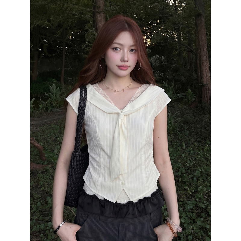 Korean-Style Preppy Lace-Trimmed Short-Sleeve Shirt for Women, Summer Navy Collar, Stylish Striped Delicate Thin Short Top Korean-Style Preppy Lace-Trimmed Short-Sleeve Shirt for Women, Summer Navy Collar, Stylish Striped Delicate Thin Short Top