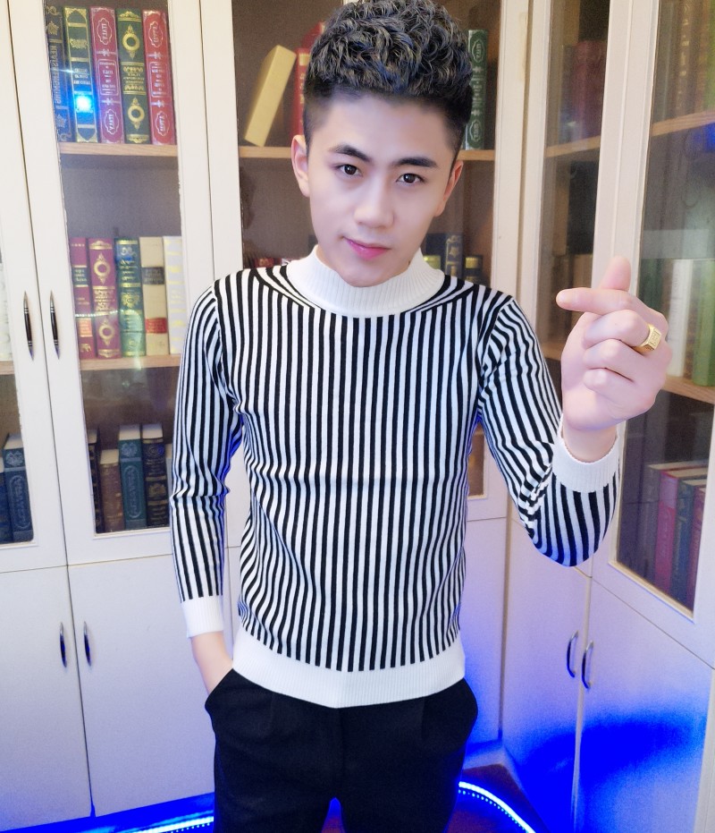 Áo len cao cổ nam mùa đông Áo len mỏng nam hàn quốc Xu hướng sọc cá tính Áo len nam xã hội áo hoodie nam form rộng