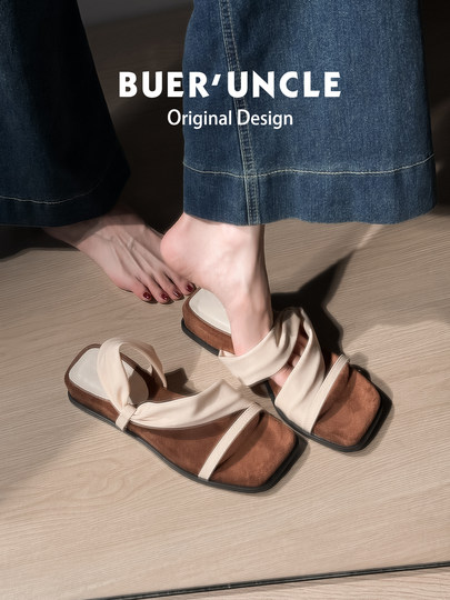 羊皮版！厚底方头一字带凉拖鞋女外穿夏2025新款复古气质两穿凉鞋