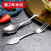 304 stainless steel soup spoon Household spoon Western spoon long handle childrens eating creative cute spoon fork Dessert fork