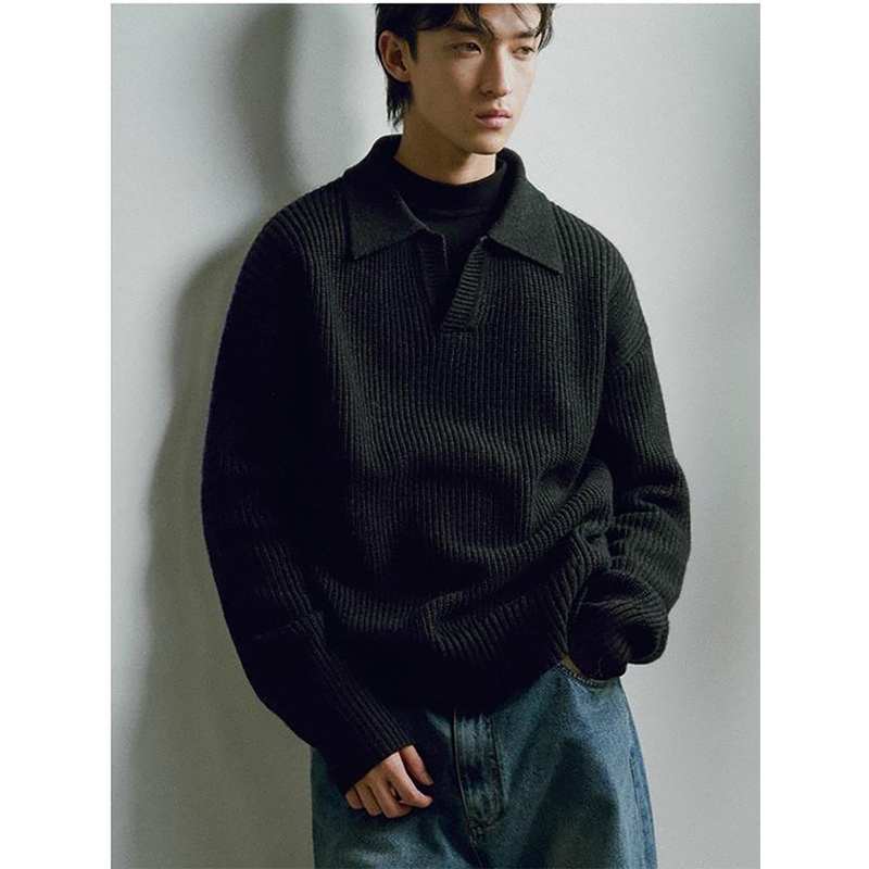 Fisherman Black Lapel Polo Knit Sweater for Men, Loose Old Money Style Long-Sleeve Sweater, Simple and Versatile Top Fisherman Black Lapel Polo Knit Sweater for Men, Loose Old Money Style Long-Sleeve Sweater, Simple and Versatile Top