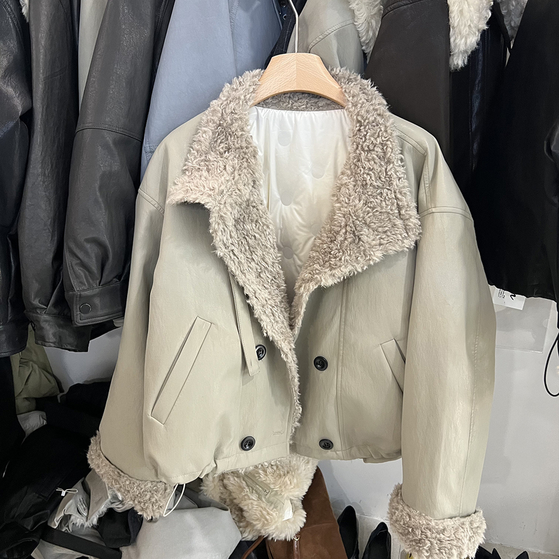 Korean Style Fashion Stand-Up Collar Lamb Wool Patchwork down Jacket for Women, Loose Thickened Warm Leather Jacket Trendy Top