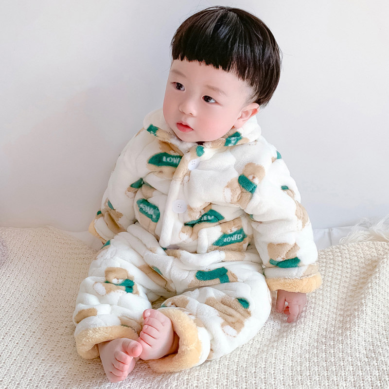 Children's pajamas Winter flannel three-layer padded with thick baby baby boy loungewear set coral fleece