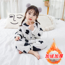 Childrens conjoined pajamas autumn and winter flannel thickened baby girl coral velvet one-year-old girl Anti-kick sleeping bag