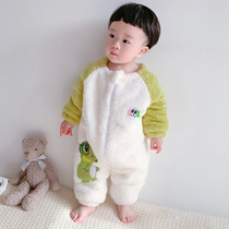 Baby one-piece pajamas autumn and winter flannel plus velvet thickened childrens baby boy coral velvet sleeping bag cartoon