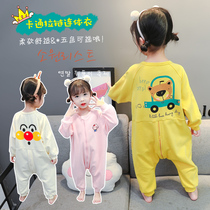 Childrens one-piece pajamas spring and autumn pure cotton 1-3 years old 5 boys and girls anti-kick cartoon home clothes cute baby climbing clothes