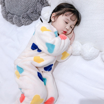 Childrens conjoined pajamas autumn and winter flannel 1-3 years old 2 female baby anti-cold kick sleeping bag climbing suit coral velvet