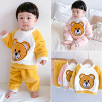 Baby pajamas autumn and winter flannel thickened cartoon baby boy boy girl Coral velvet home clothes suit warm