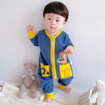 Children Conjoined Pyjamas Spring Autumn Season Pure Cotton Long Sleeve Thin baby Baby Cartoon Khae Boy Anti Kick Home Conserved