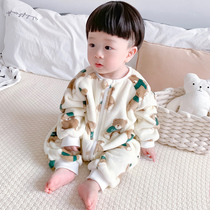 Childrens one-piece pajamas autumn and winter flannel thickened one-year-old baby female baby anti-kick boy coral velvet sleeping bag