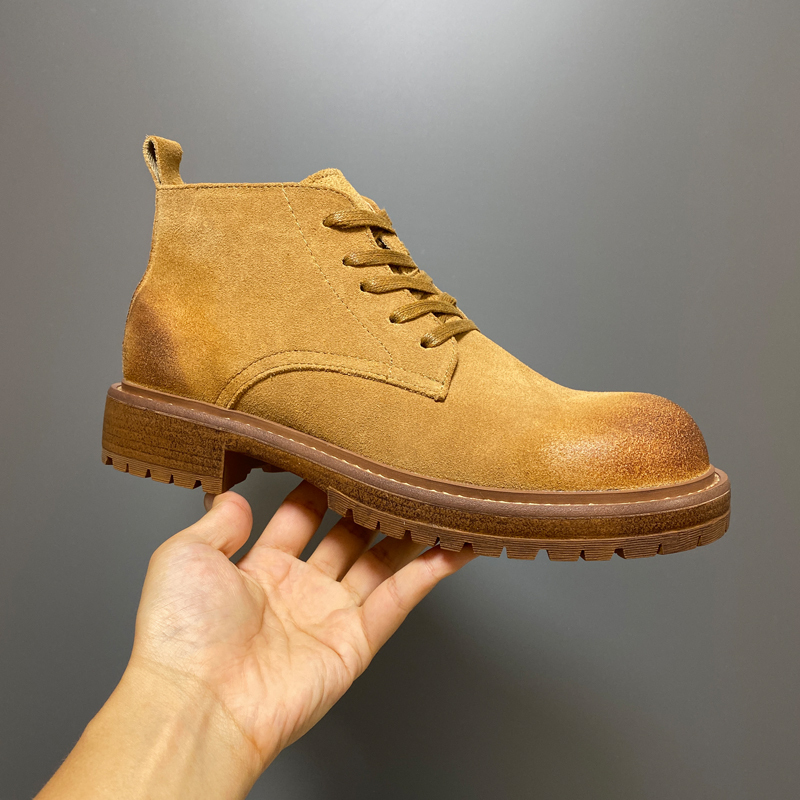 Men's Martin Boots 2026 New Style Boots Men's Genuine Leather British Style Work Boots Thick-Soled Trendy Mid-Top Yellow Boots
