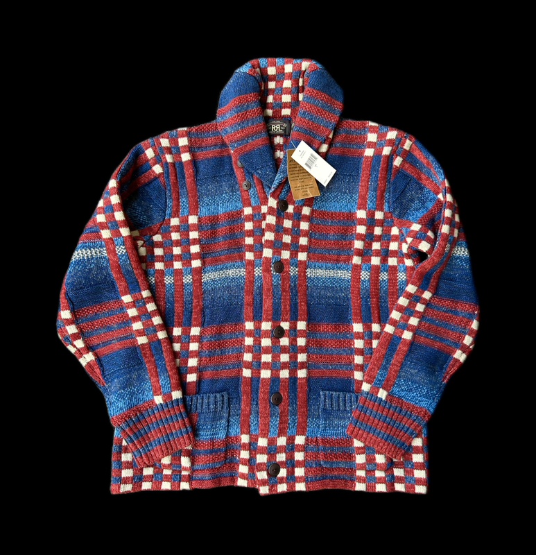 Rrl Retro Cotton and Linen Silk Plaid Red and Blue American Thick Sweater