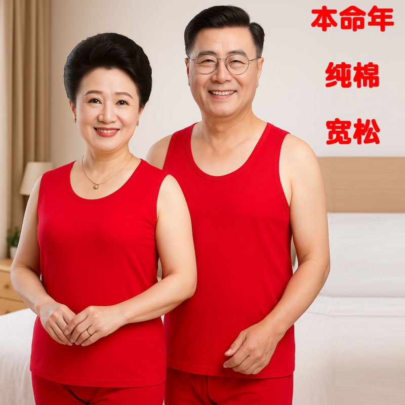 Red Cotton Loose-Fitting Undershirts for Parents in Their Zodiac Year, Suitable for Men and Women, Middle-Aged and Elderly