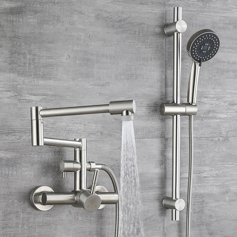 Foldable and Extendable Hot and Cold Bathtub Faucet, Wall-Mounted Bathroom Faucet, Bathroom Shower Booster Single Showerhead Set