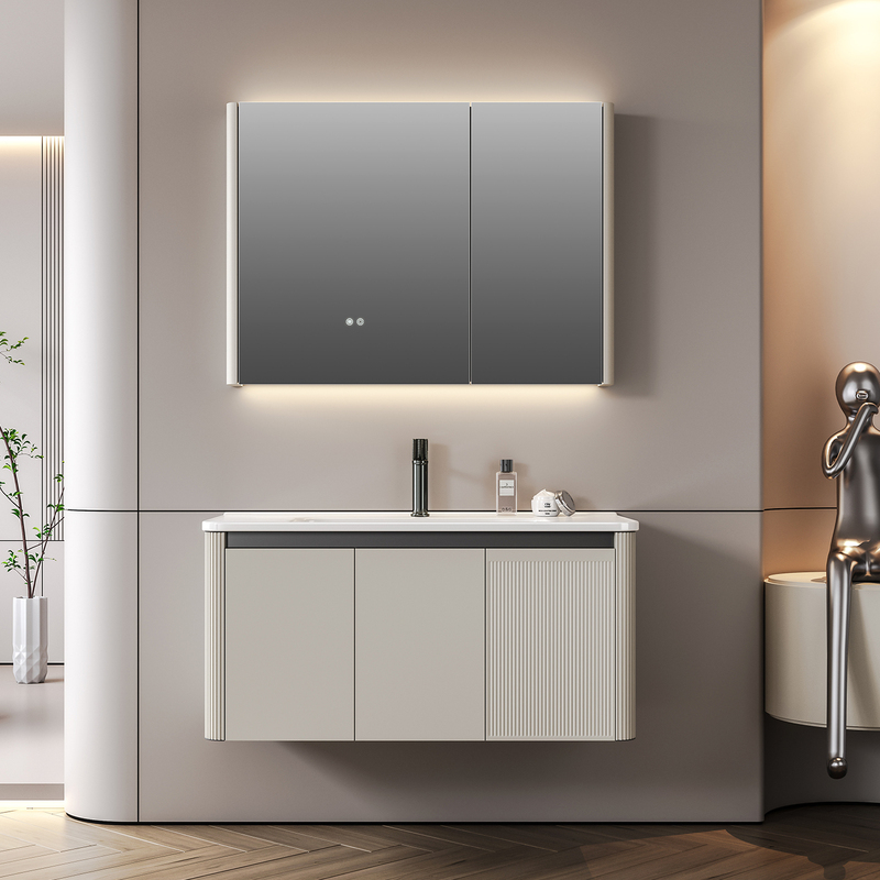 Cream-Colored Stainless Steel Painted Bathroom Cabinet with Integrated Ceramic Washbasin, Bathroom Vanity, Beauty Smart Mirror Cabinet