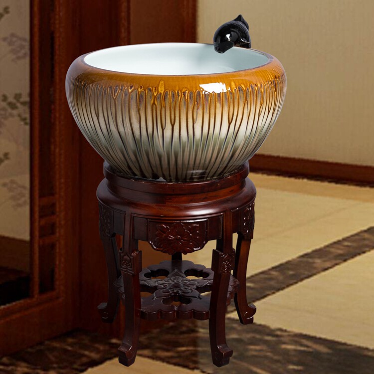 Jing Porcelain Workshop Fish Bonsai de Town Ceramics Fish Tank with Ring Water Filter Water Spray Oxygenation Feng Shui Fish Tank Home Decoration