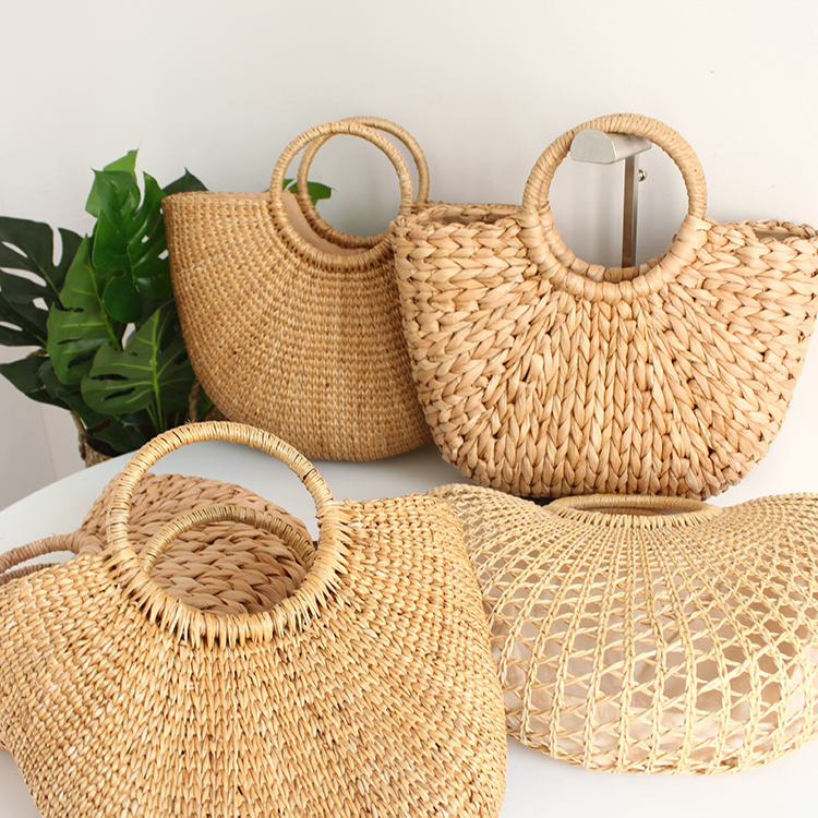 ins New Model  Yellow Grass Moon Woven Vintage Semi-Circular Hollow Beach Casual Women's Handbag Straw Rattan Bag