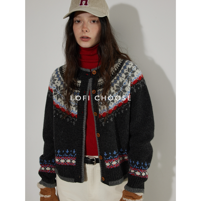 Lofi Choose Fair Isle Christmas Jacquard Knit Cardigan for Women, New Winter Versatile Loose Sweater Coat