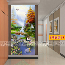 Oil painting landscape art glass gate screen wind partitioning aisle background wall door-shifting shoe cabinet glass ole painting