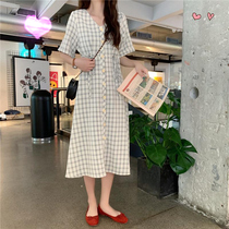 Fat Mm Summer Dress New Fave Vintage Slim V Collar Plaid Dress Woman Big Code Summer Pop Over Knee Long Skirt