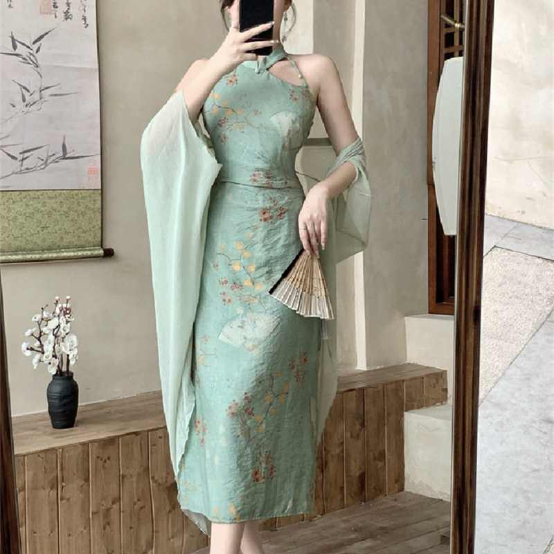 slim fit dress slacks Modernized Chinese Dress with A Loose Fit V-Neck and Silk-Linen Blue / XXL main image 0